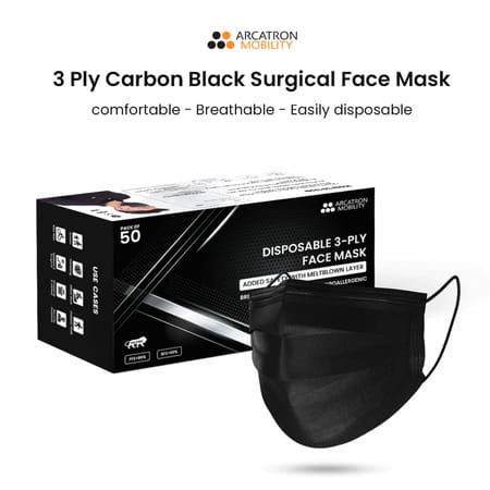 Arcatron Mobility 3ply Disposable Surgical Super Breathable Facemask, Nose Clip|200pcs, Carbon Black