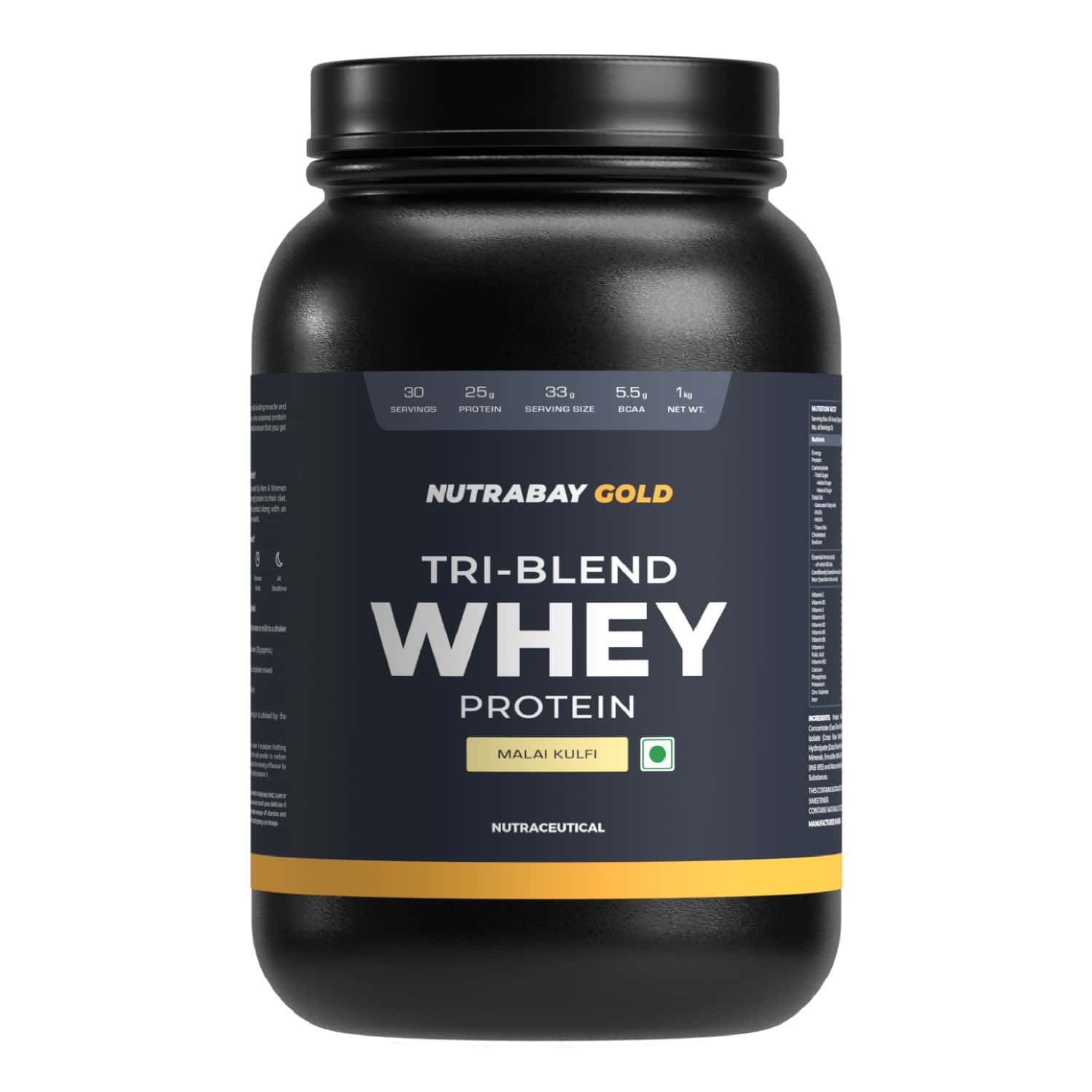 Nutrabay Gold Tri Blend Whey Protein Powder - 25g Protein | 5.5g Bcaa - 1kg | Malai Kulfi