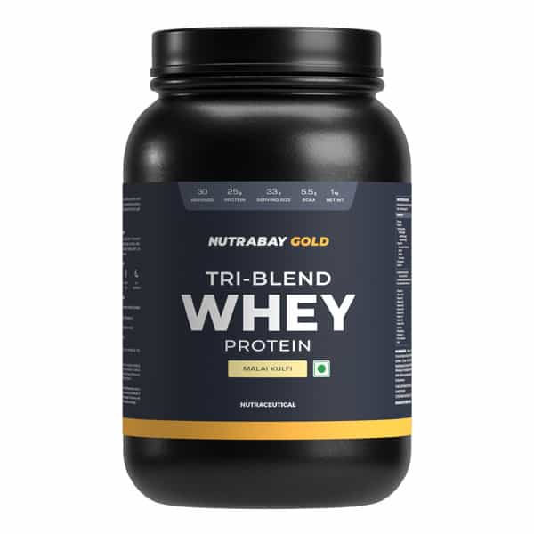 Nutrabay Gold Tri Blend Whey Protein Powder - 25G Protein | 5.5G Bcaa - 1Kg | Malai Kulfi