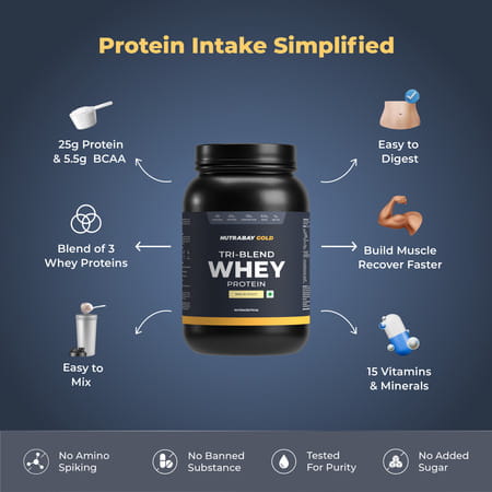Nutrabay Gold Tri Blend Whey Protein Powder - 25g Protein | 5.5g Bcaa - 1kg | Malai Kulfi