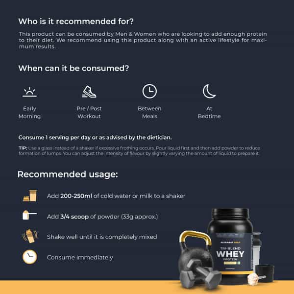 Nutrabay Gold Tri Blend Whey Protein Powder - 25G Protein | 5.5G Bcaa - 1Kg | Malai Kulfi