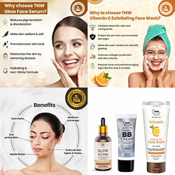 Tnw The Natural Wash Combo Of 3 With Glow Face Serum | Vitamin C Exfoliating Face Wash | Bb Cream