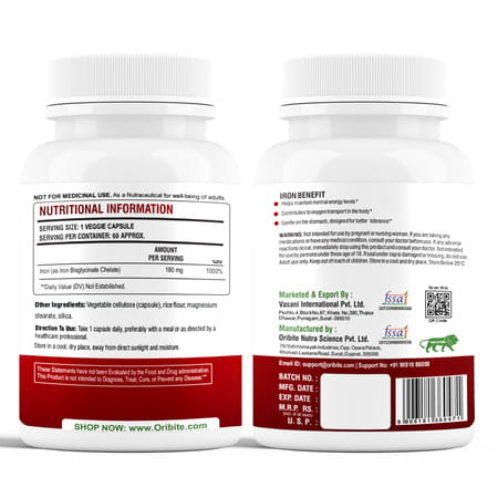 Oribite Iron Bisglycinate 180Mg Capsules For Iron Deficiency 60 Capsules