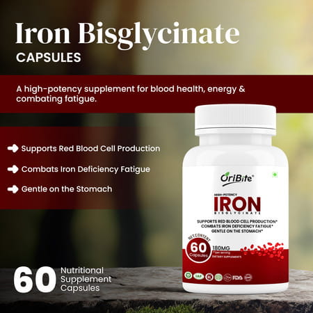 Oribite Iron Bisglycinate 180Mg Capsules For Iron Deficiency 60 Capsules