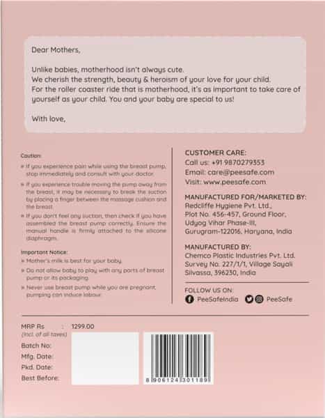 Pee Safe Manual Breast Pump For Nursing Mothers | With 150Ml Container