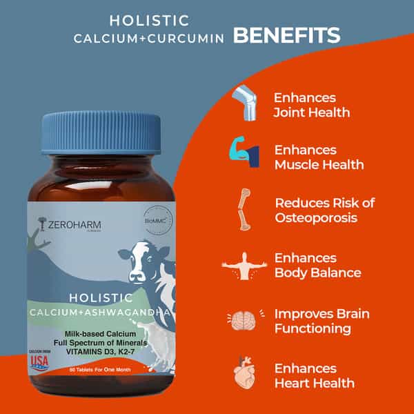 Zeroharm Holistic Calcium & Aswagandha-Stress Relief Joint Bone Strength -60Tab