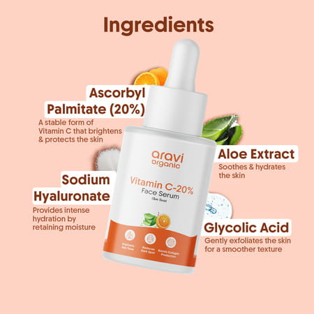 Aravi Organic Vitamin C Face Serum For Bright | Glowing & Even-Toned Skin - 30ml