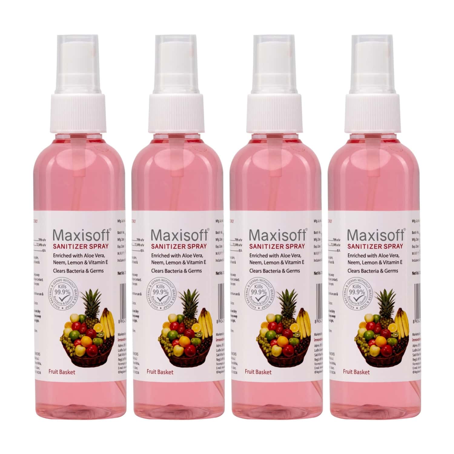 Maxisoft Fruit Basket Sanitizer Spray | Aloe Vera Neem & Vitamin E (120 Ml Pack Of 4)