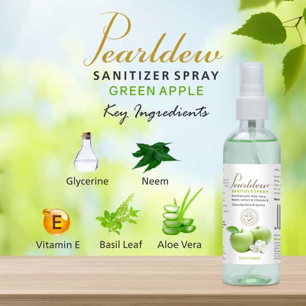 Pearldew Sanitizer Spray (Green Apple) 120 Ml | Aloe & Neem | Paraben Free (Pack Of 4)