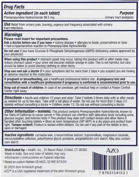 Azo Urinary Pain Relief Tablets Adults Maximum Strength 24 Tablets