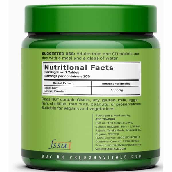 Vruksha Vitals Maca Root Extract 1000 Mg Per Tablet - 150 Tablets / Capsules