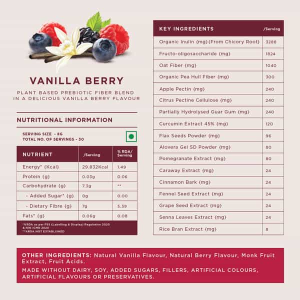Wellbeing Nutrition Daily Fiber | Natural Prebiotic Digestive Fiber | Vanilla Berry | 30 Servings