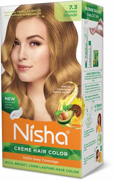 Nisha Creme Hair Color 7.3 Honey Blonde (60Gm+90Ml+18Ml) Permanent Hair Colour With Henna Extract