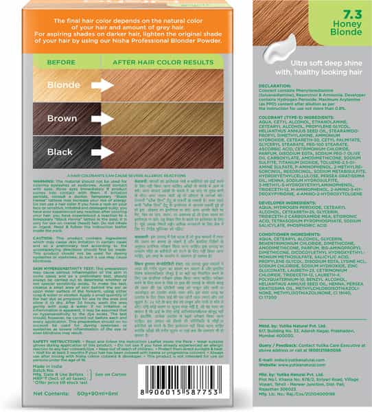 Nisha Creme Hair Color 7.3 Honey Blonde (60Gm+90Ml+18Ml) Permanent Hair Colour With Henna Extract