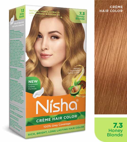 Nisha Creme Hair Color 7.3 Honey Blonde (60Gm+90Ml+18Ml) Permanent Hair Colour With Henna Extract