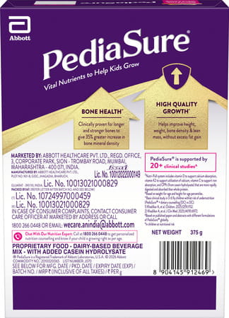 Pediasure Vital Nutrients To Help Kids Growth For 2-6 Years Old Chocolate Flavour Box Of 375 Gm