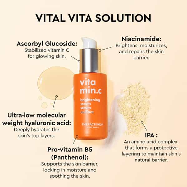 The Face Shop 98% Pure Vitamin C Brightening Korean Serum | Niacinamide & Hyaluronic Acid - 30Ml