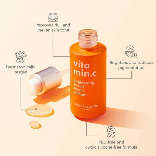 The Face Shop 98% Pure Vitamin C Brightening Korean Serum | Niacinamide & Hyaluronic Acid - 30Ml