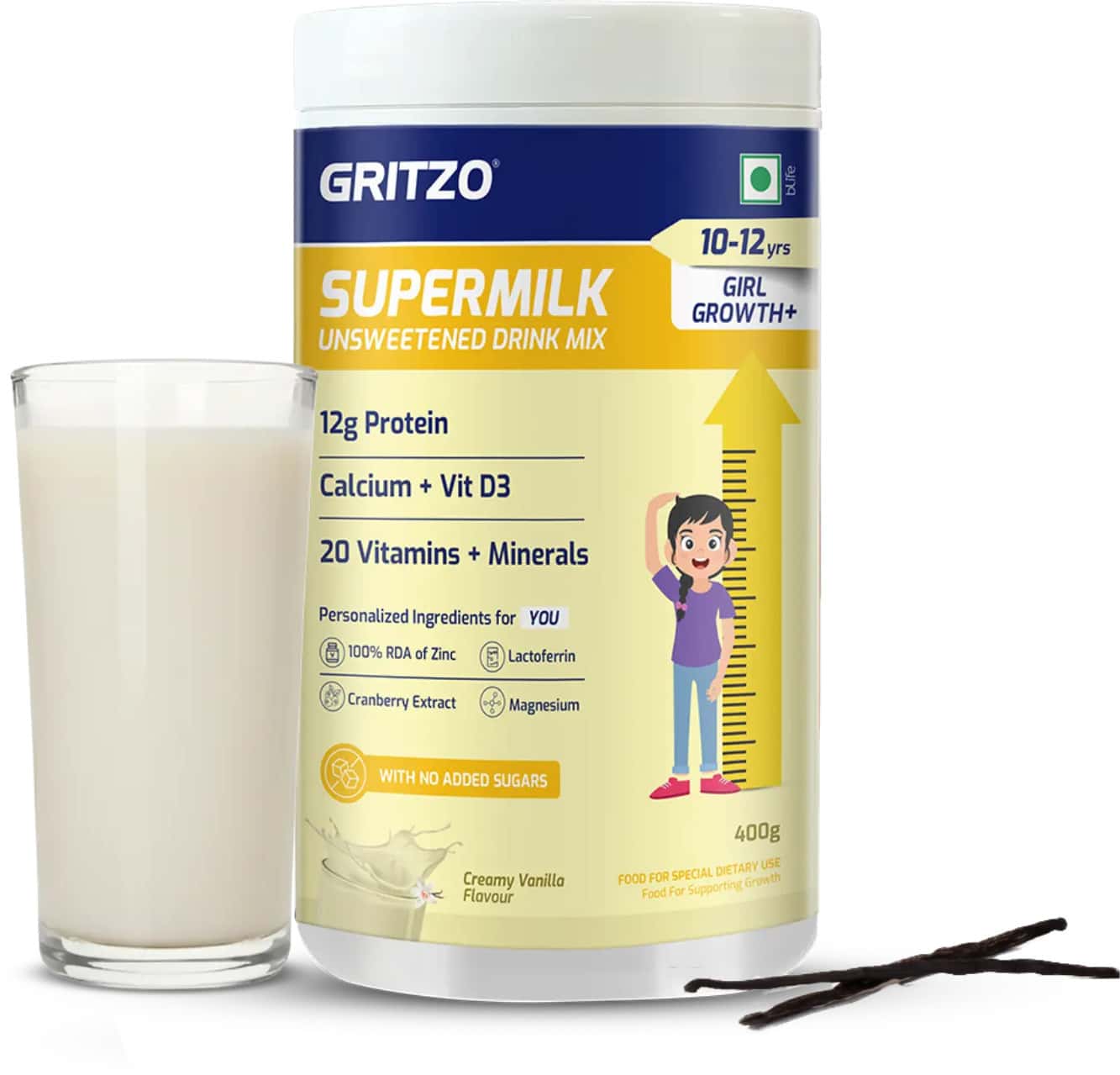 Gritzo Supermilk Growth+ Unsweetened Drink Mix (10-12y Girls) | 12g Protein (Creamy Vanilla | 400g)
