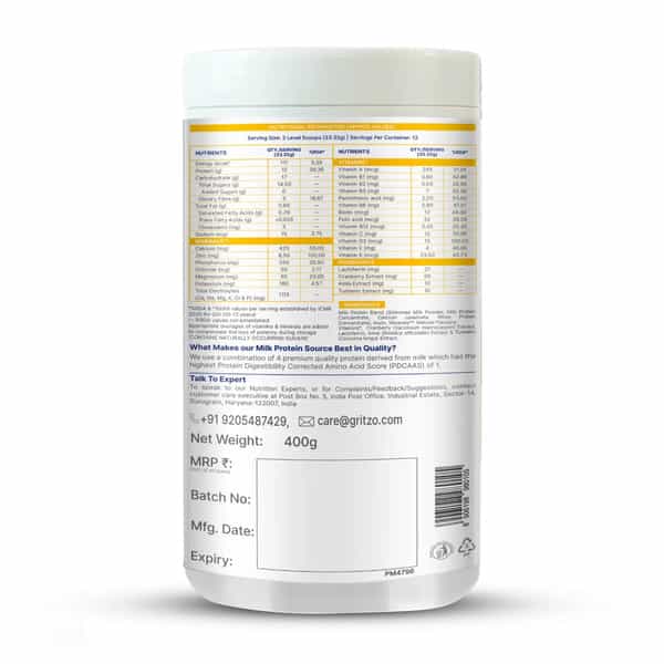Gritzo Supermilk Growth+ Unsweetened Drink Mix (10-12Y Girls) | 12G Protein (Creamy Vanilla | 400G)