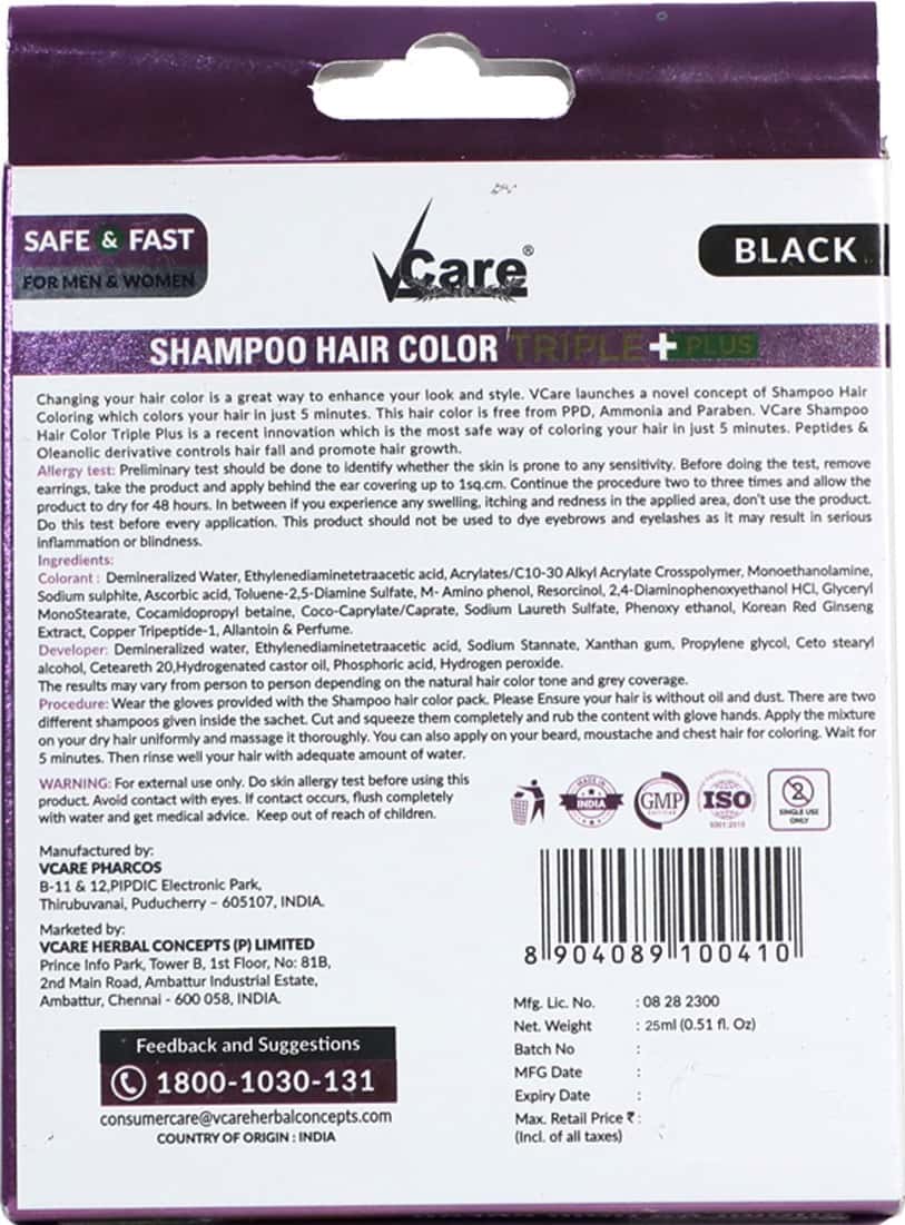 Buy VCARE SHAMPOO HAIR COLOR BLACK NO PPD 25ML Online & Get Upto 60 OFF at PharmEasy