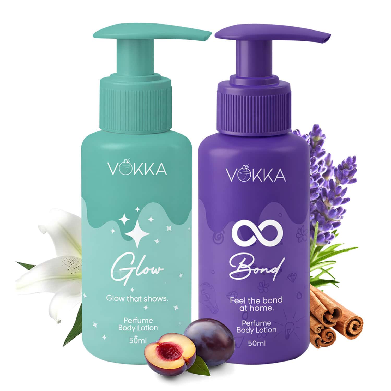 Vokka Glow & Bonds Perfume Body Lotion Combo 50ml X 2 | Fruity Floral & Warm Woody Fragrance