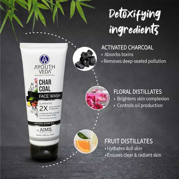 Ayouthveda Charcoal Face Wash With Bamboo Charcoal | Removes 2X Times Dirt Oil & Impurities 100 Ml