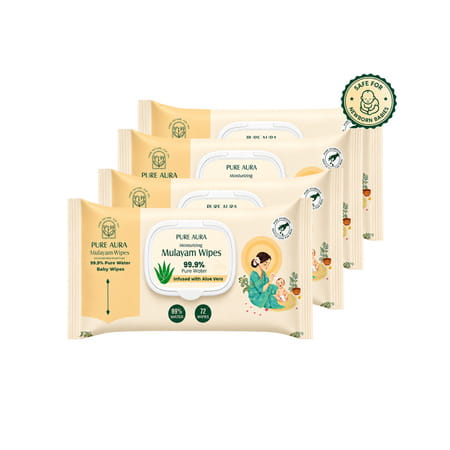 Pure Aura Baby Wipes - Doctor Recommended Pure Water Wipes With Aloe Vera 72 Pulls Pack Of 4