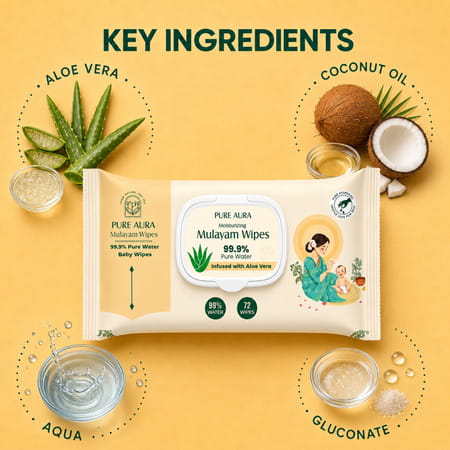 Pure Aura Baby Wipes - Doctor Recommended Pure Water Wipes With Aloe Vera 72 Pulls Pack Of 4