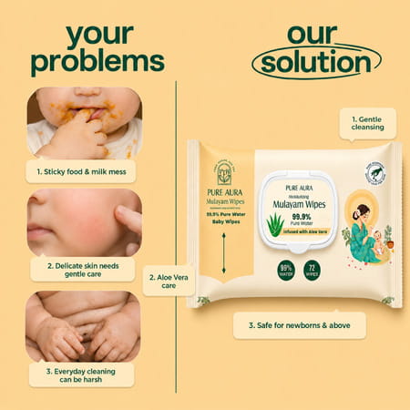 Pure Aura Baby Wipes - Doctor Recommended Pure Water Wipes With Aloe Vera 72 Pulls Pack Of 4