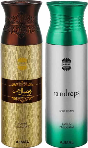 Ajmal Wisal Dhahab & Raindrops Deodorant Spray For Men & Women (200 Ml Pack Of 2)