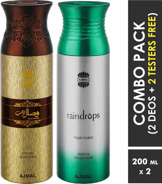 Ajmal Wisal Dhahab & Raindrops Deodorant Spray For Men & Women (200 Ml Pack Of 2)