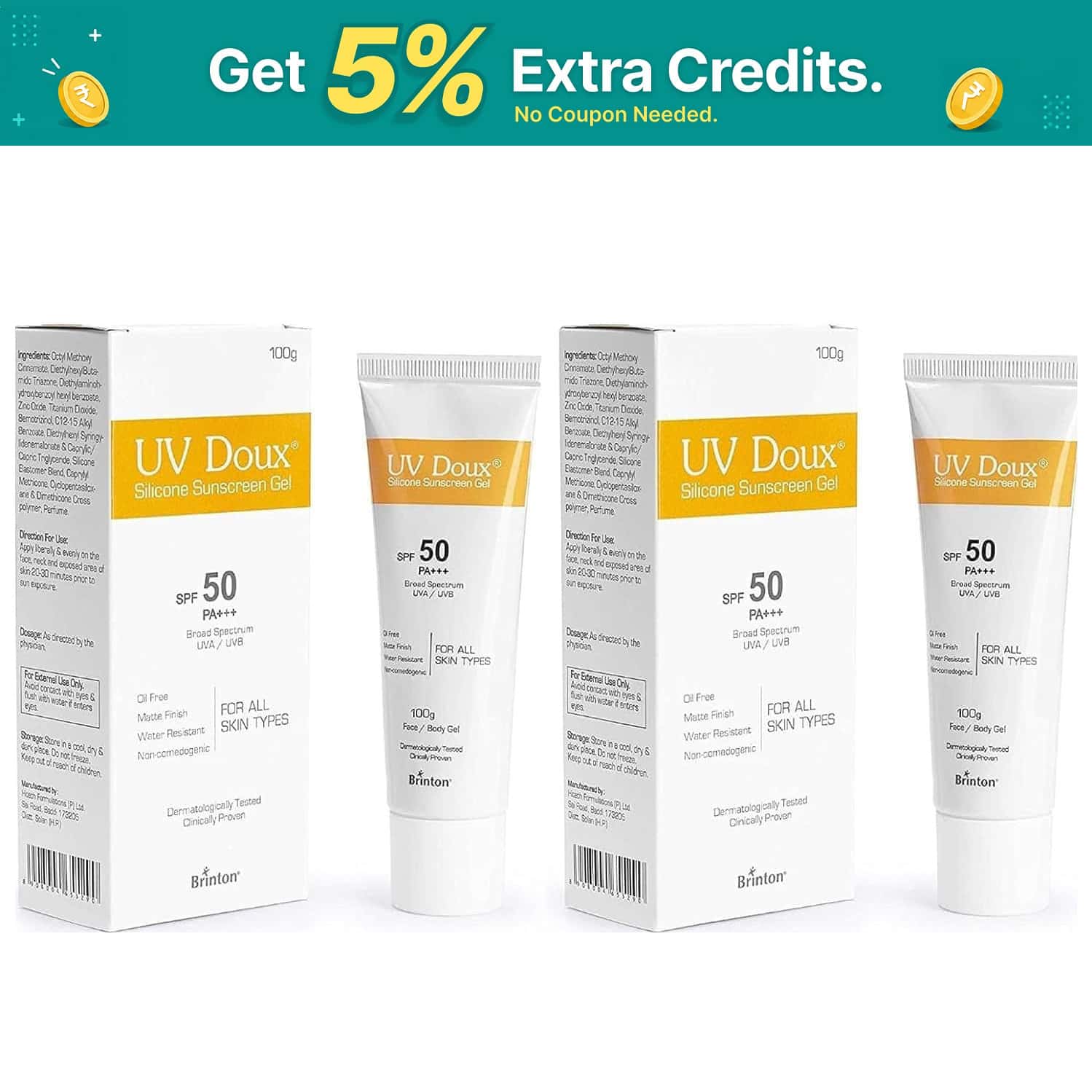 Brinton Uv Doux Face & Body Sunscreen Gel With Spf 50 Pa+++ | Matte Finish - 100g | 2 Packs