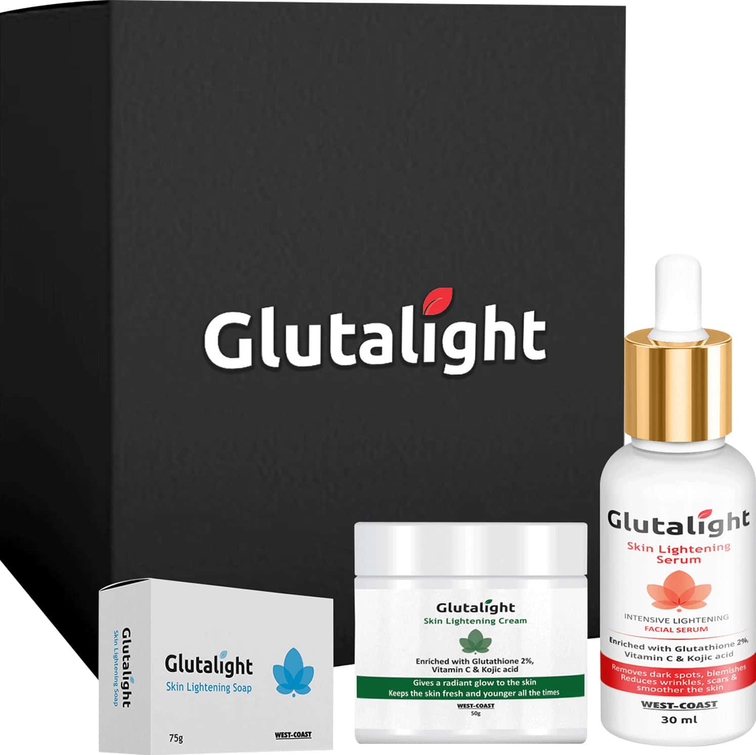 Glutalight Glutathione Skin Lightening/Brightening Combo Pack (Soap + Serum + Cream)