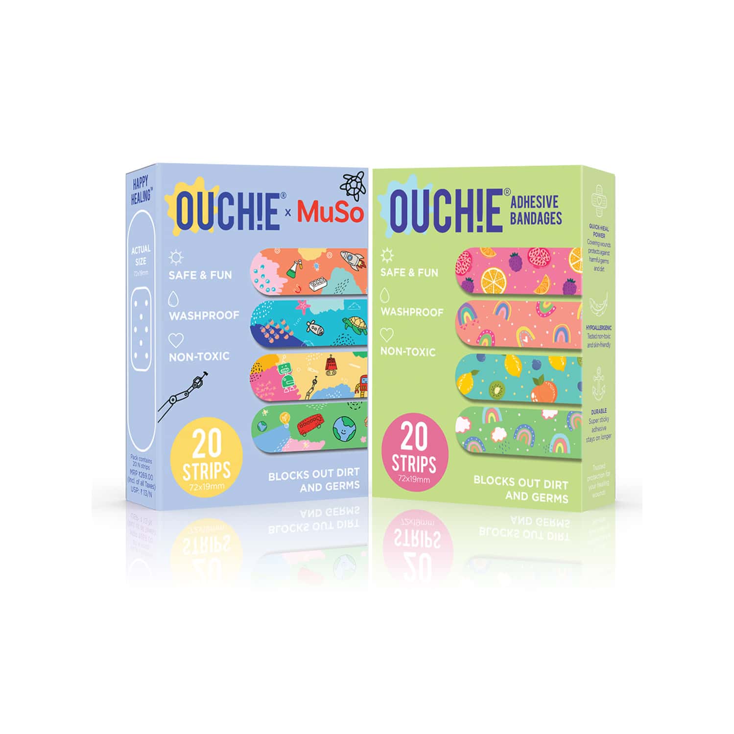 Ouchie Non-toxic Printed Bandages Double Combo (40 Pack) - Ouchie X Muso & Limegreen