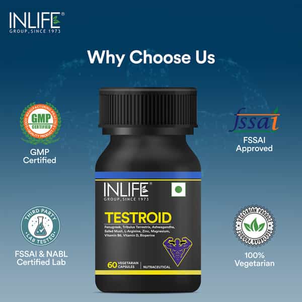 Inlife Testroid Testosterone For Men With Zinc Monomethionine Magnesium Aspartate - 60 Veg Capsules