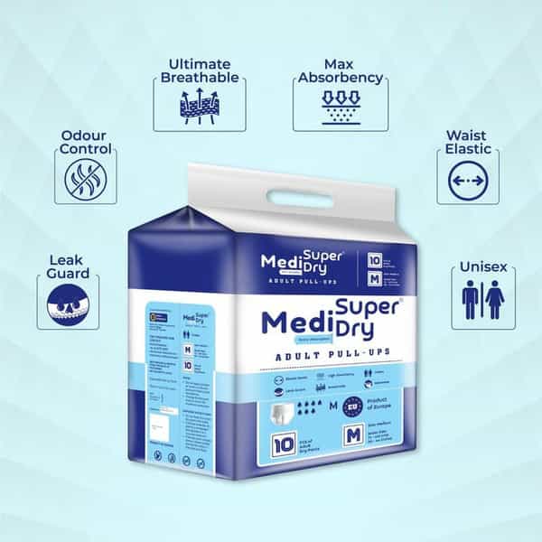 Medisuperdry Adult Diaper Pants (M) | Pull-Ups | Elastic Waist Size 71-110 Cm | 10 Piece | Pack Of 5