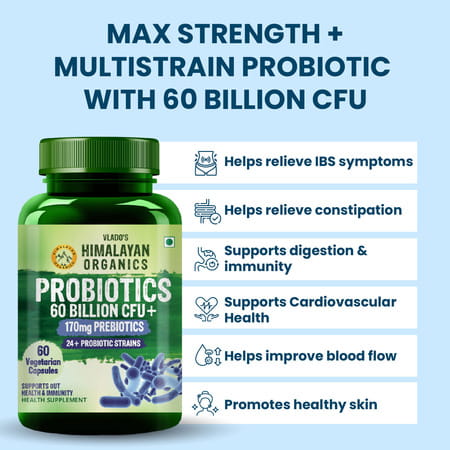 Vlados Himalayan Organic Probiotics 60b Cfu + 170mg Prebiotics + 24 Strains Supplement | Veg - 60n