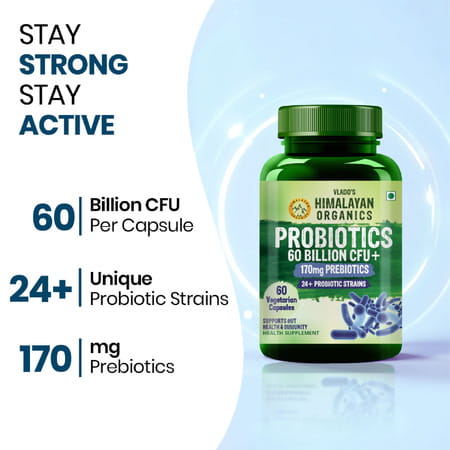 Vlados Himalayan Organic Probiotics 60b Cfu + 170mg Prebiotics + 24 Strains Supplement | Veg - 60n