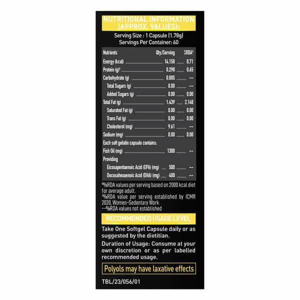 Muscleblaze Omega 3 Fish Oil Gold (60 Capsules) | 1300Mg Omega 3 With 500Mg Epa & 400Mg Dha