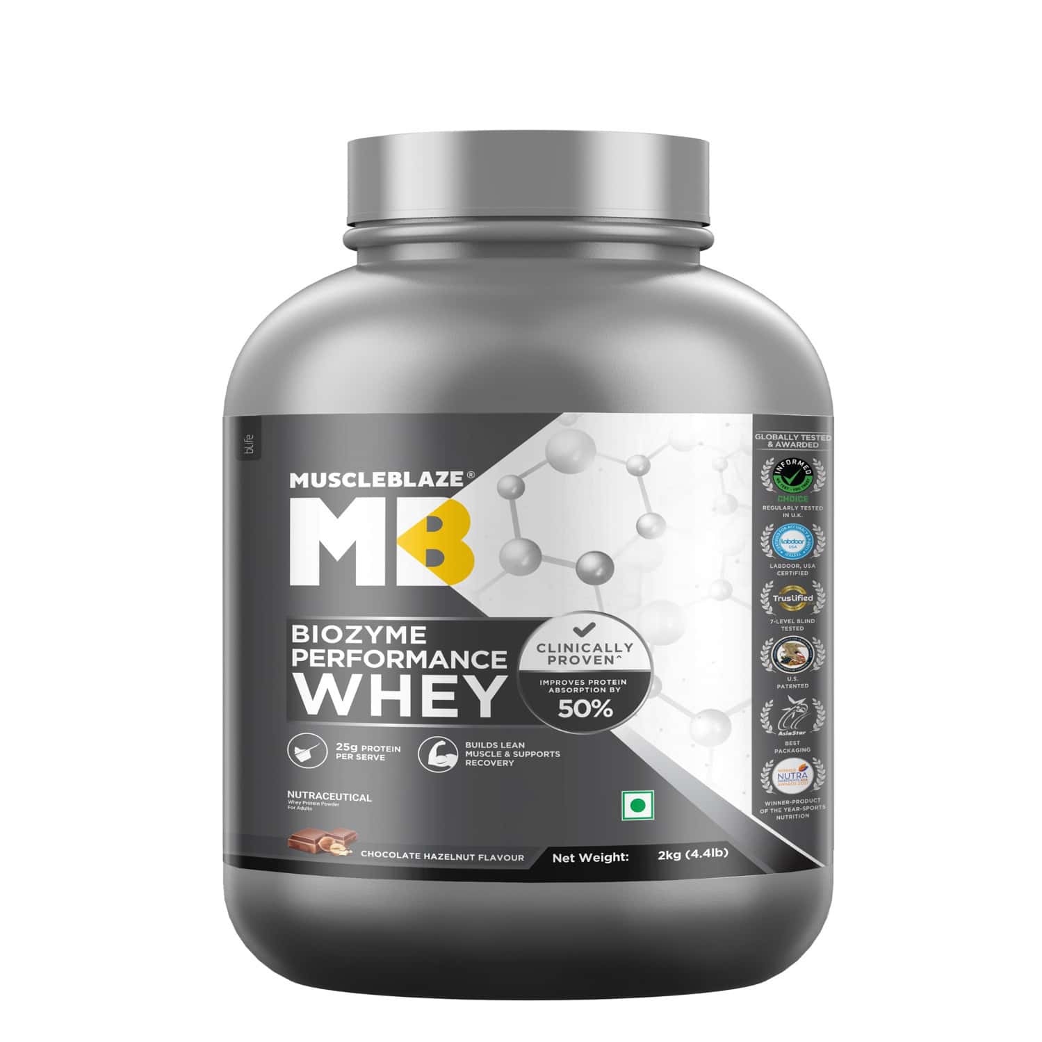 Muscleblaze Biozyme Performance Whey Protein | Chocolate Hazelnut | 2kg| 25g Protein Per Scoop