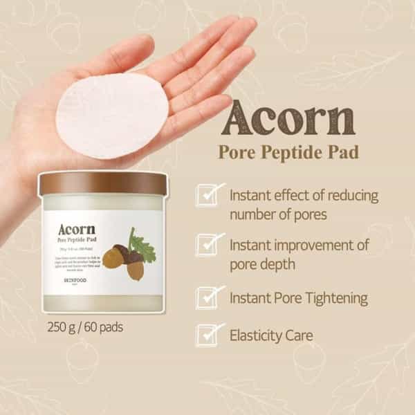 Skinfood Acorn Pore Peptide Pad - Toner Pads For Pore Elasticity & Open Pores - 60 Sheets 250G