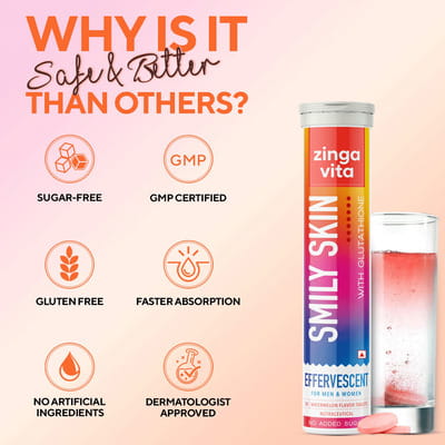 Buy ZINGAVITA SMILY SKIN WITH GLUTATHIONE HYALURONIC ACID SUGAR FREE 20 FIZZY TABLET Online & Get Upto 60% OFF at PharmEasy