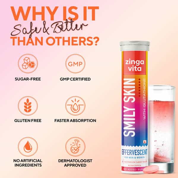 better than glutathione Buy ZINGAVITA SMILY SKIN WITH HYALURONIC ACID SUGAR FREE 20 FIZZY TABLET Online & Get Upto 60% OFF at PharmEasy hydrating face cream