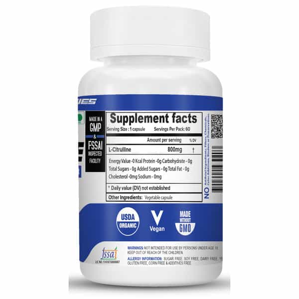 Nutrija L-Citrulline 800Mg | Boosts Nitric Oxide & Promotes Muscle Growth- 60 Capsules