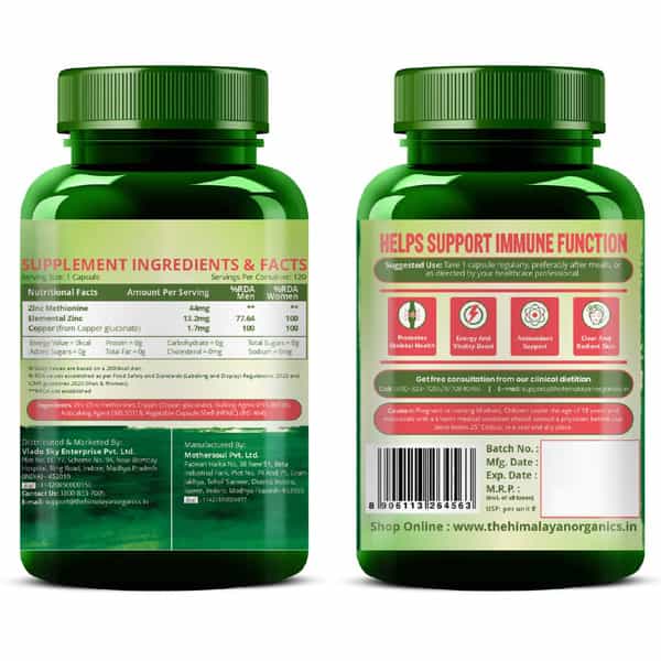 Vlado's Himalayan Organics Zinc Methionine Chelated Copper | Support Healthy Immune | Veg - 120N