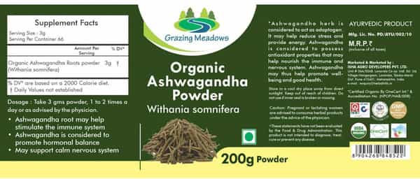 Grazing Meadows Organic Ashwagandha Powder/Withania Somnifera 200 Gms (Pack Of 5)