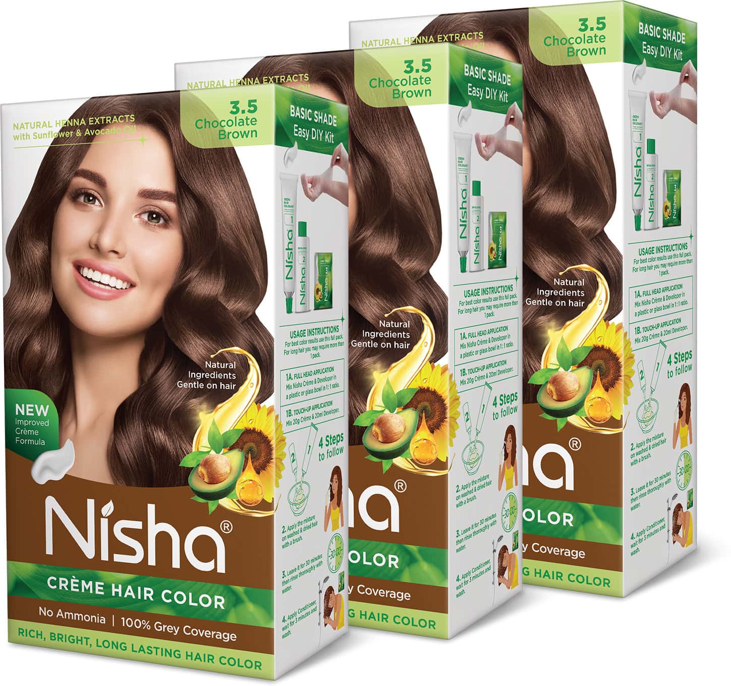 Nisha Creme Hair Color 3.5 Chocolate Brown 120g Pack Of 3 No Ammonia Hair Colour, 100% Grey Coverage
