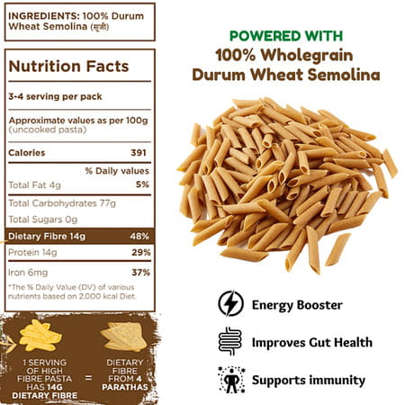 Long & Short High Fibre Penne - Wholegrain Wheat Pasta - Pack Of 2 (250gx2)