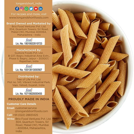 Long & Short High Fibre Penne - Wholegrain Wheat Pasta - Pack Of 2 (250gx2)